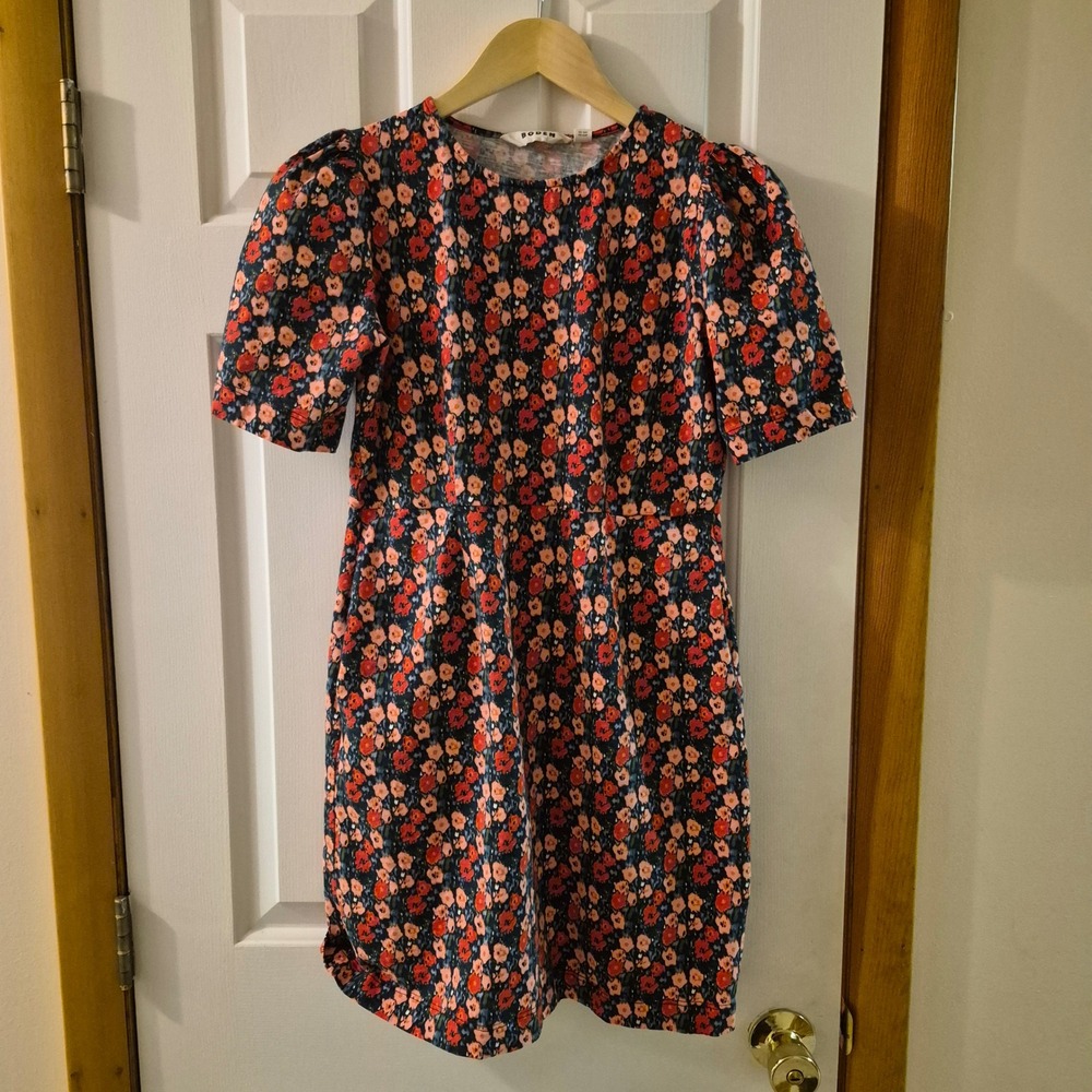 Boden Navy Floral Mini Dress with Red and Pink Blooms